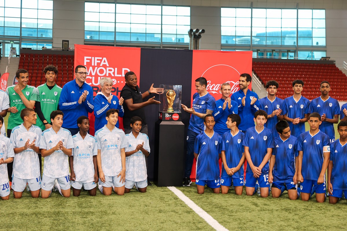 Marcel Desailly and FIFA World Cup Trophy at Aspire Academy